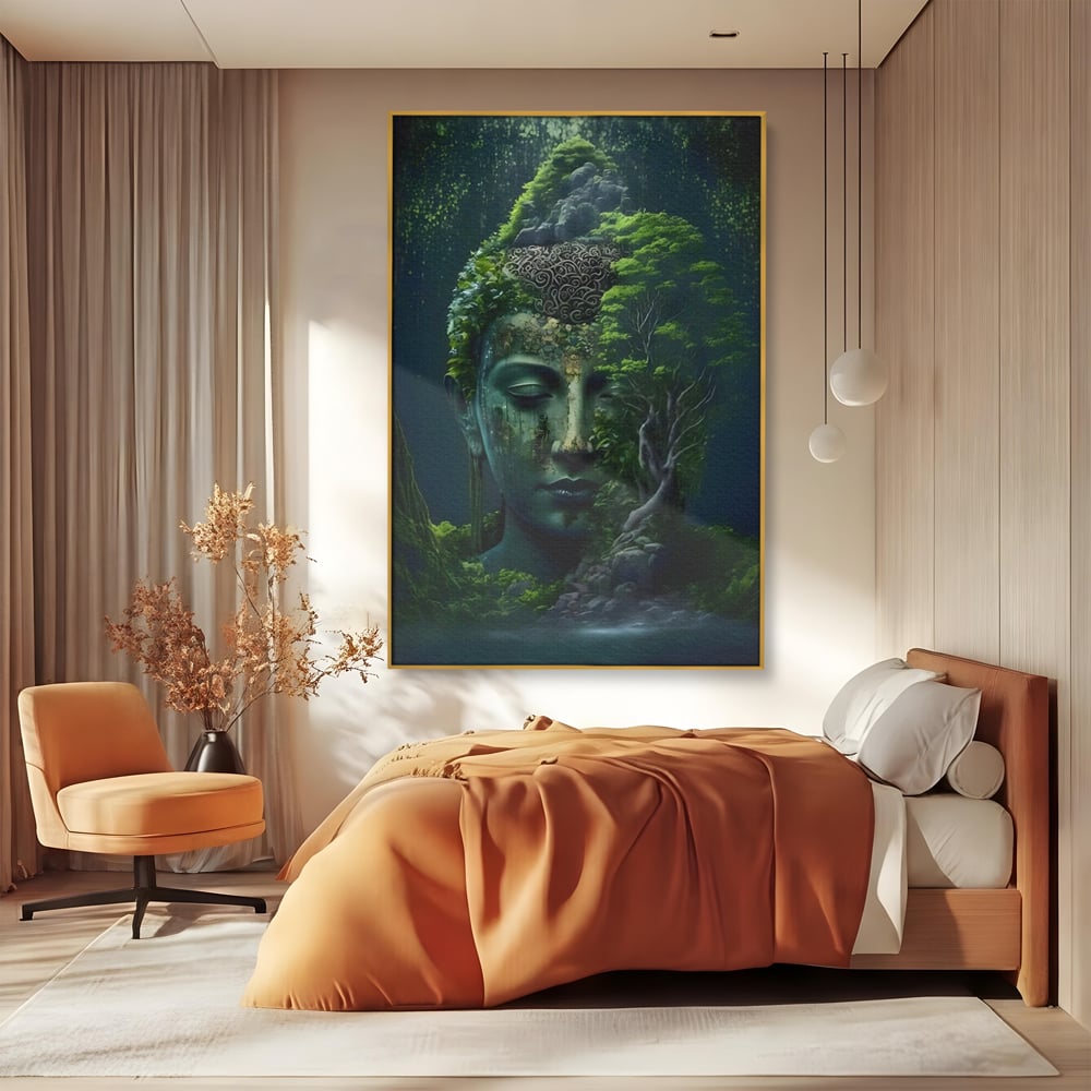 Tablou canvas cu tablou canvas cu cap de buddha imbracat in vegetatie, in rama de aluminiu auriu, pe perete intr-un dormitor